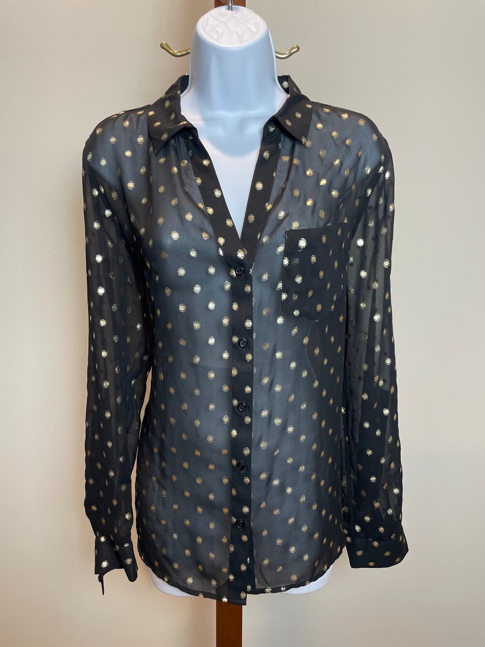 The Limited Sheer Polka Dot Button Up Blouse Size L Black Gold Collared